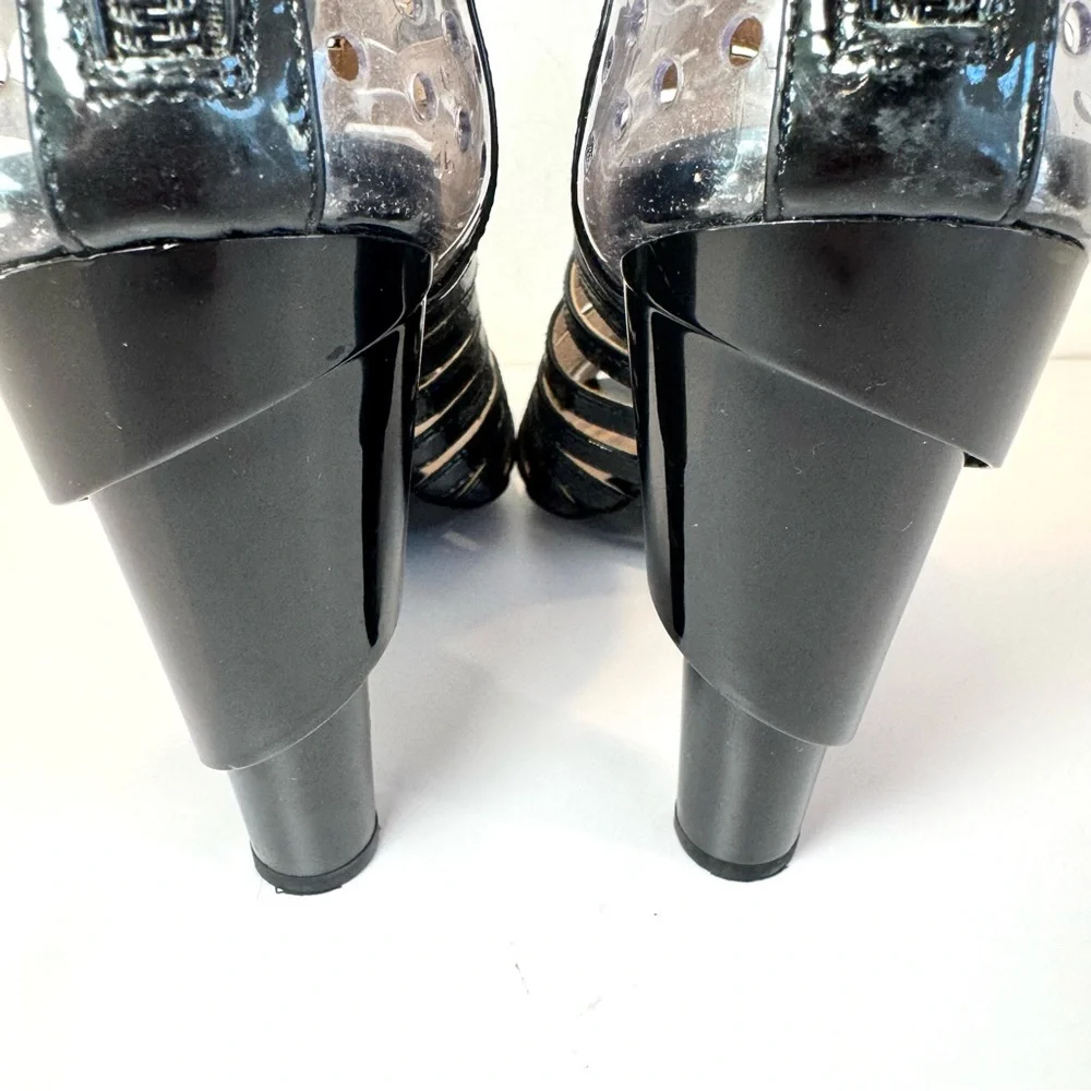 Chanel Black Patent Leather & Clear PVC Cage Block Heel Sandal W CC Logo, Sz 38